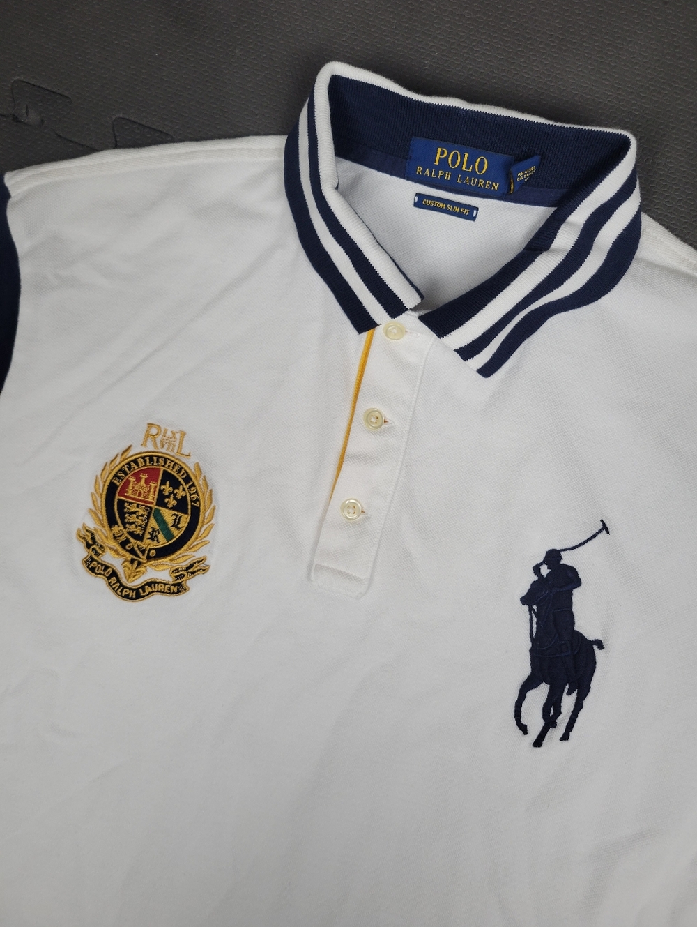 Polo Ralph Lauren Big Pony Crest Short Sleeve Shirt Mens XL White Blue Slim Fit